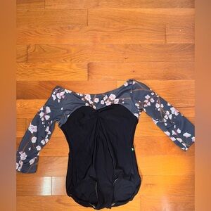 Luckyleo Cherry Blossom Floral Black Adult Large Leotard